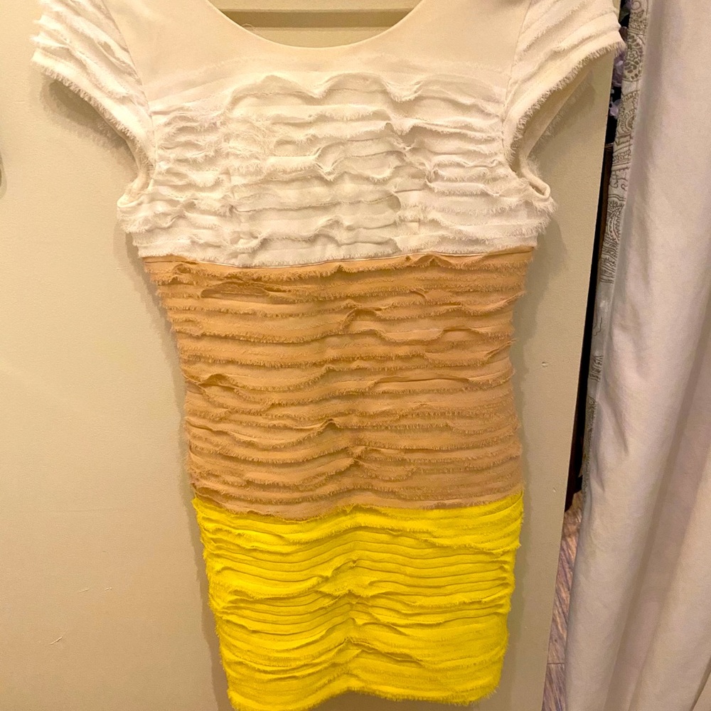 Bebe Tri Color Bodycon Style Ruffle Dress